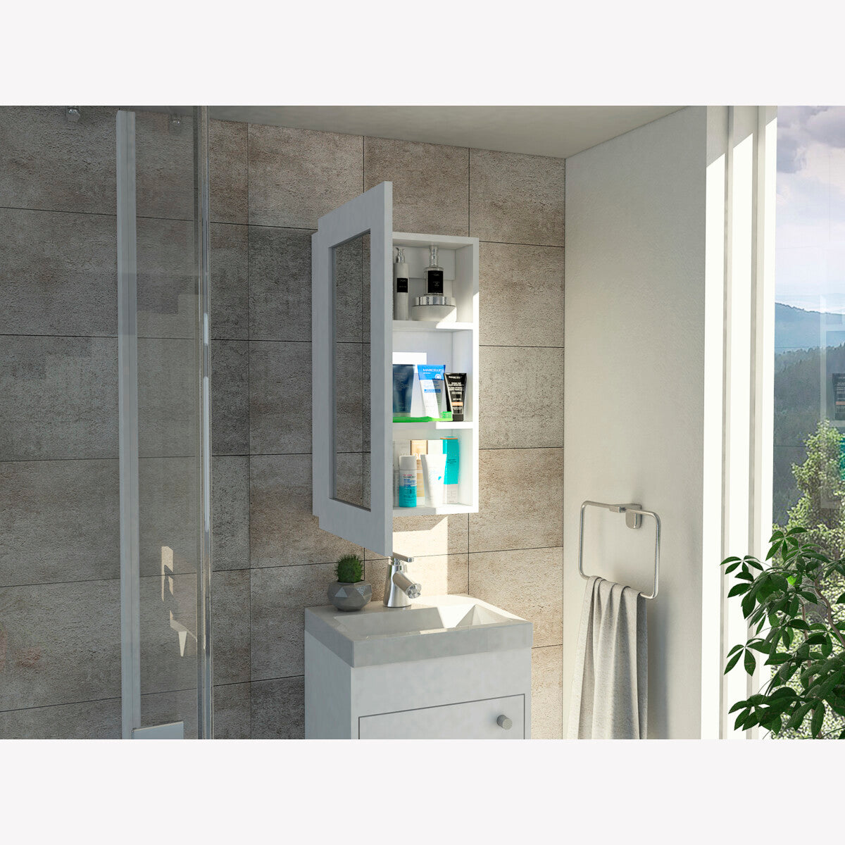 GABINETE DE BAÑO CON ESPEJO Y TRES ESTANTES MODELO JUNO COLOR BLANCO