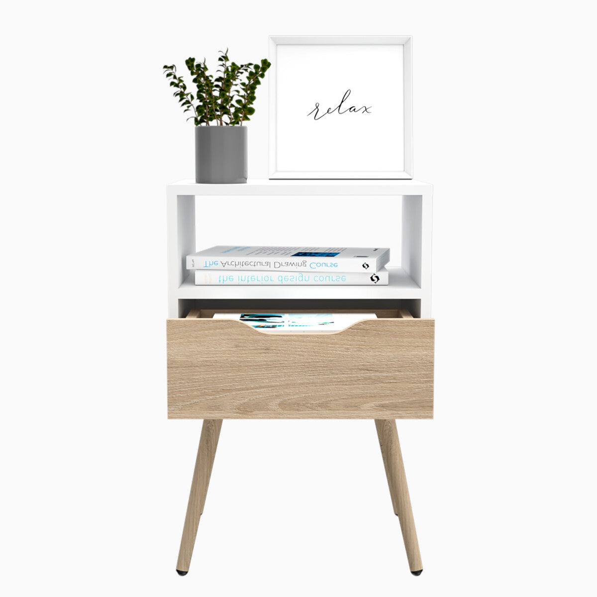 Buró Alesio, Blanco y Beige, con Patas en Madera y un Cajón