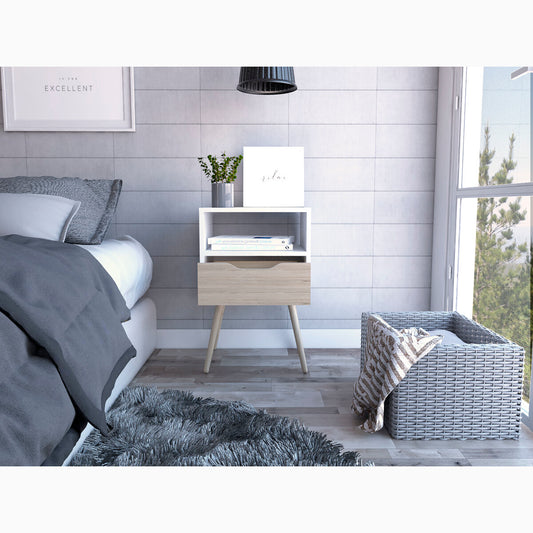 Buró Alesio, Blanco y Beige, con Patas en Madera y un Cajón