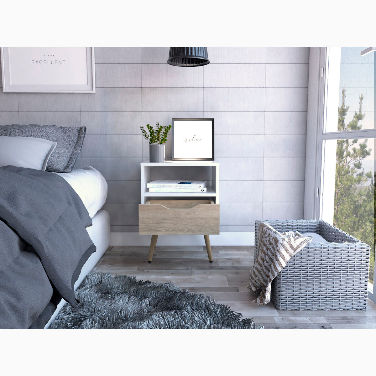 Buró Alesio, Blanco y Beige, con Patas en Madera y un Cajón