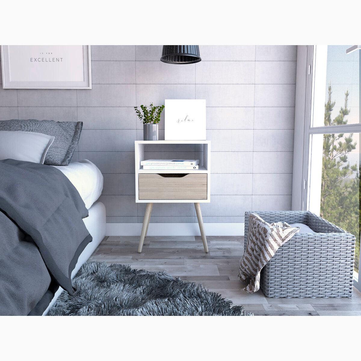 Buró Alesio, Blanco y Beige, con Patas en Madera y un Cajón